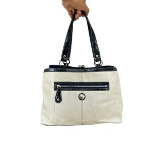 Coach Handbag Purse Bag F14866 Laura Kisslock Framed Blue Ivory Leather